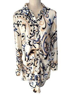 Melloday Paisley Tie-Front Long Sleeve Shirt Dress With Collar In Blue & Beige P